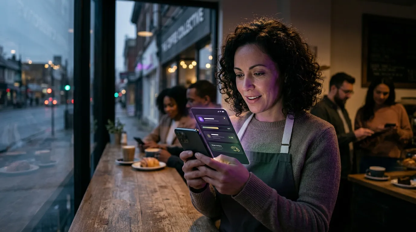 Local cafe owner receiving online orders while competitors miss customers.