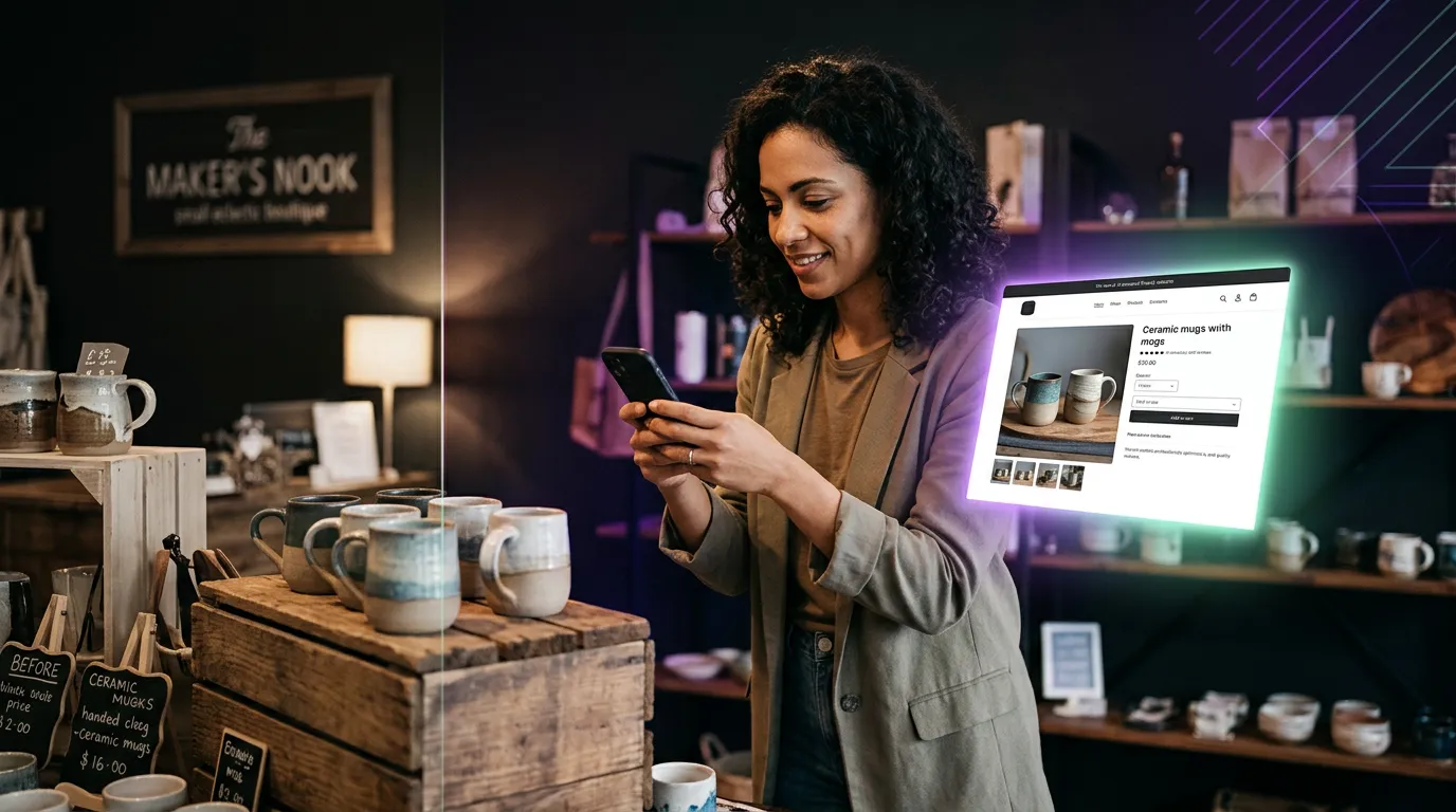 Shop owner turning phone photos into a professional business website preview.