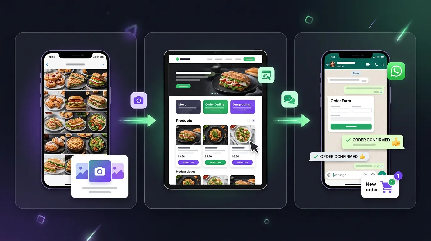 Three step workflow from camera roll photos to a mobile website and customer orders.