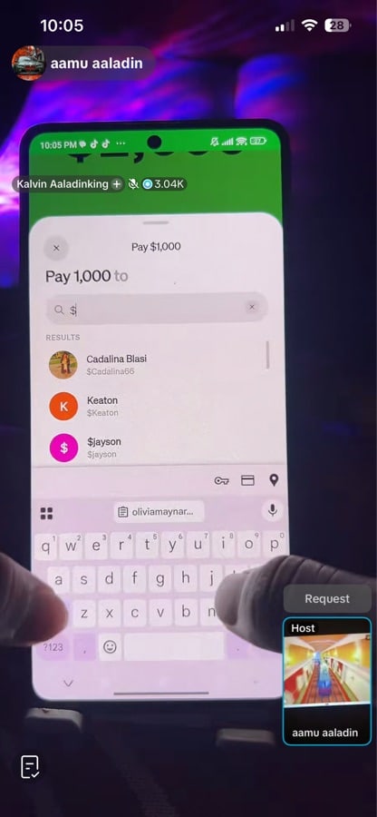 Cash App pay screen showing Pay $1,000 and recipient search results