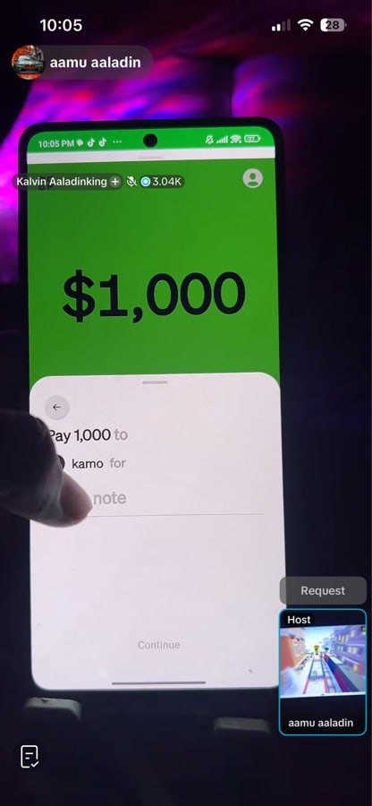 Cash App payment page showing $1,000 with recipient field and note area