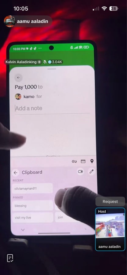 Cash App payment screen with recipient kamo and clipboard suggestions for a note