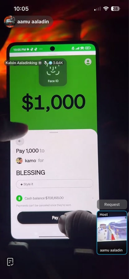 Cash App payment approval screen with Face ID prompt, note BLESSING, and Pay button