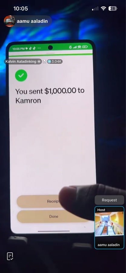 Cash App final receipt screen stating You sent $1,000.00 to Kamron with receipt and done buttons