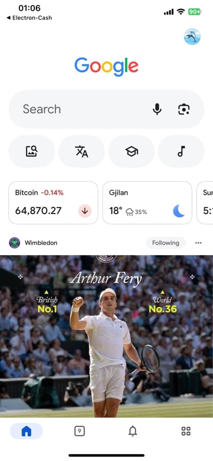 Mobile screenshot showing the Google homepage with Bitcoin at 64,870.27, weather in Gilan at 18 degrees, and a Wimbledon post featuring Arthur Fery with British No.1 and World No.36 text.