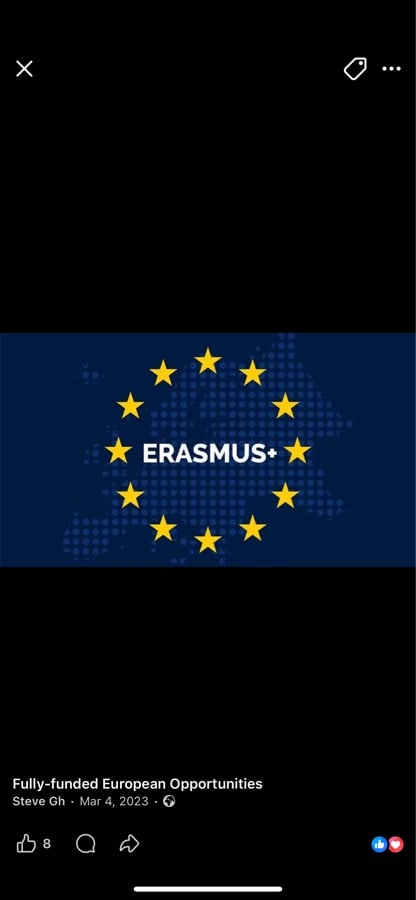 Mobile screenshot of a social media post with the Erasmus+ logo and the caption Fully-funded European Opportunities by Steve Gh dated March 4, 2023.