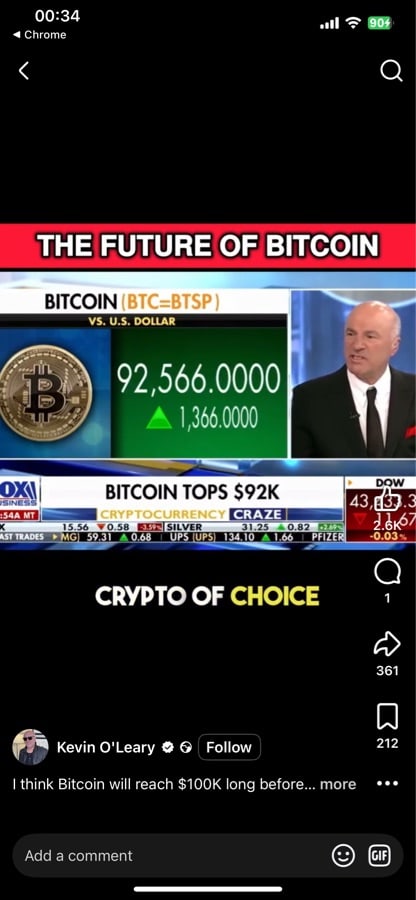 Mobile screenshot of a short-form video post titled The Future of Bitcoin, showing Bitcoin at 92,566.0000 versus U.S. Dollar, a banner reading Bitcoin Tops $92K, and a post by Kevin O'Leary.