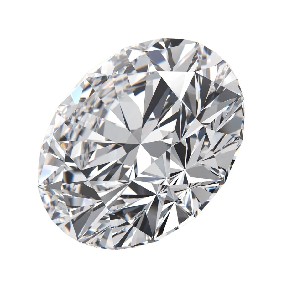 Angled close-up of a round brilliant diamond with sharp facet reflections