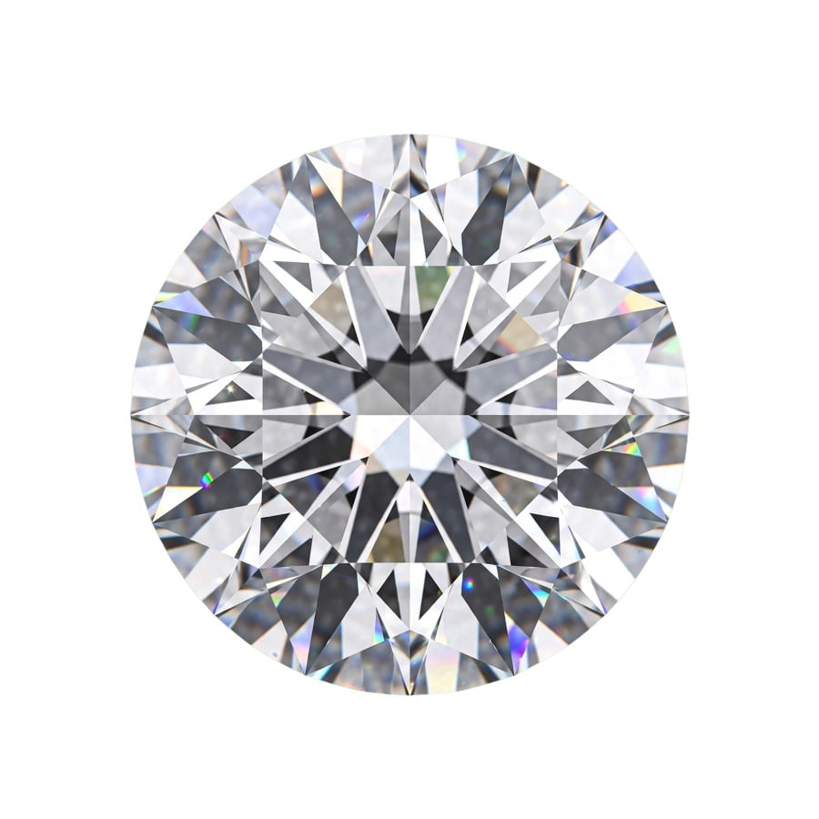Top view of a round diamond with bright scintillation and crisp internal facet pattern